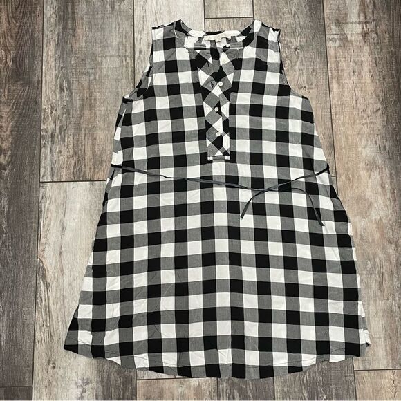 LOFT Ann Taylor Sleeveless Plaid Tunic V-Neck Top Black White 1/2 Button Pockets - Picture 4 of 11